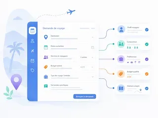 Illustration d’un CRM pour tour opérateur centralisant les emails, formulaires, messages et appels afin de mieux suivre les demandes de voyage.