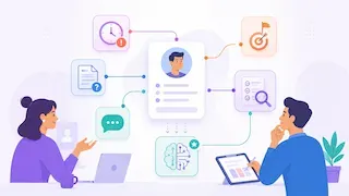Illustration d’une formation à l’intelligence artificielle, avec deux participants échangeant autour de notions clés comme les prompts, les limites, les objectifs et les usages professionnels de l’IA.