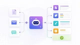 Illustration d’un assistant IA transformant des documents, messages et demandes entrantes en actions structurées, contenus utiles et tâches prêtes à être vérifiées par l’équipe.