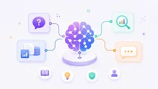 Illustration d’un cerveau connecté à différents pictogrammes représentant l’analyse, les questions, les données et les usages possibles de l’intelligence artificielle dans une organisation.
