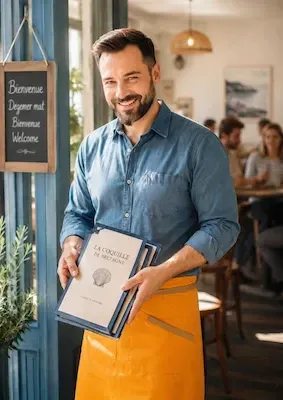 Restaurateur accueillant tenant des menus à l’entrée d’un restaurant, illustration d’un site internet optimisé pour le SEO local.
