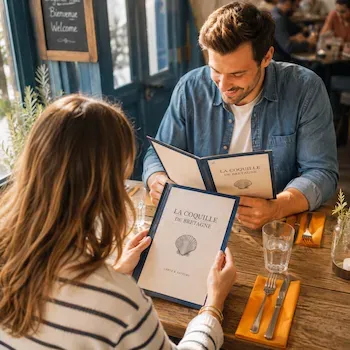 Couple consultant le menu d’un restaurant, illustration d’un site internet adapté à la clientèle et optimisé pour le référencement local.