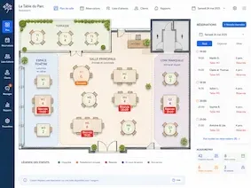Plan de salle d’un logiciel de réservation en ligne montrant les différentes zones du restaurant, les tables disponibles et celles déjà réservées.