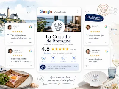 Illustration d’une fiche Google de restaurant avec une note de 4,8 étoiles et plusieurs avis clients positifs, illustrant l’impact des avis Google sur la réputation et la visibilité locale.