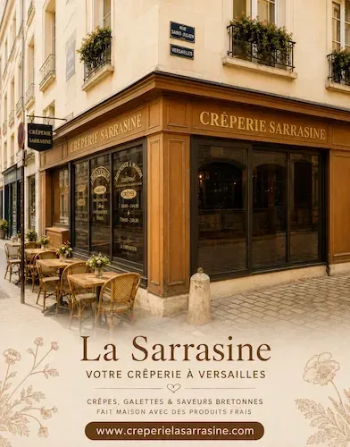 Façade de la Crêperie La Sarrasine à Versailles, avec sa terrasse et son identité visuelle, illustrant un projet de site internet, fiche Google et réservation en ligne.