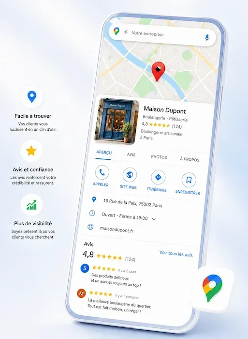 Illustration d’une fiche Google Business Profile sur Google Maps montrant la visibilité locale d’une entreprise, ses avis clients et ses informations de contact.