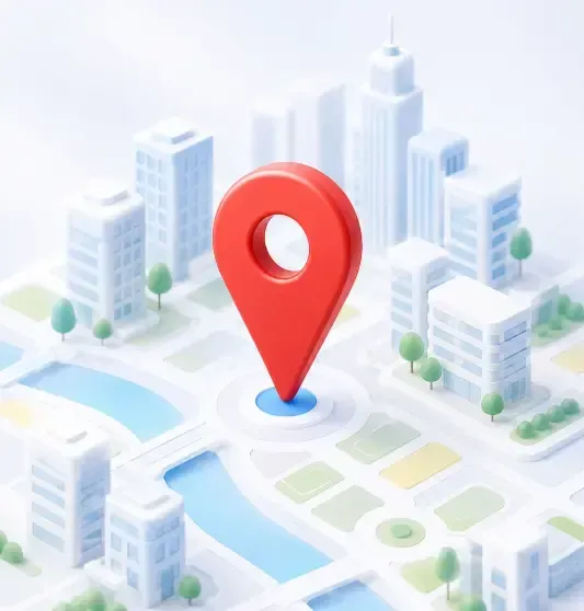 Illustration d’un repère de localisation dans une ville stylisée, évoquant la visibilité d’une entreprise sur Google Maps.