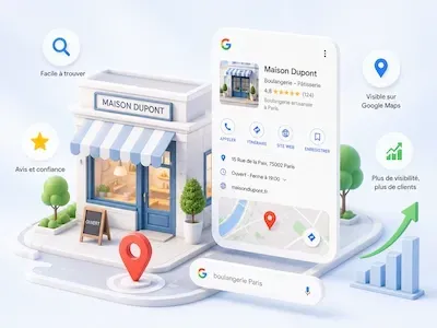 Illustration 3D d’une TPE visible sur Google, avec fiche Google Business Profile, avis clients, localisation sur Google Maps et indicateurs de visibilité local
