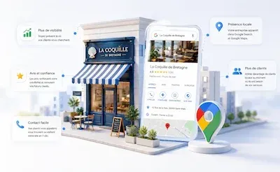 Illustration d’une fiche Google de restaurant avec une note de 4,8 étoiles et plusieurs avis clients positifs, illustrant l’impact des avis Google sur la réputation et la visibilité locale.