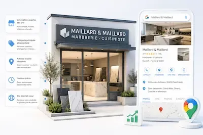 Illustration 3D d’une marbrerie-cuisiniste avec sa fiche Google Business Profile, présentant ses informations, horaires, zone desservie, avis clients et localisation sur Google Maps.