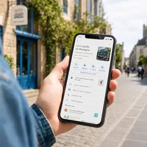 Smartphone affichant la fiche Google d’un restaurant avec bouton de réservation en ligne, consulté par un client dans la rue.