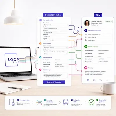 Illustration carrée montrant un formulaire Loopline connecté automatiquement à un CRM, avec les informations de contact et de projet de Sophie Martin transférées visuellement du formulaire vers une fiche client qualifiée.