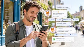 Chatbot IA sur smartphone répondant aux questions d’un prospect et facilitant la prise de rendez-vous