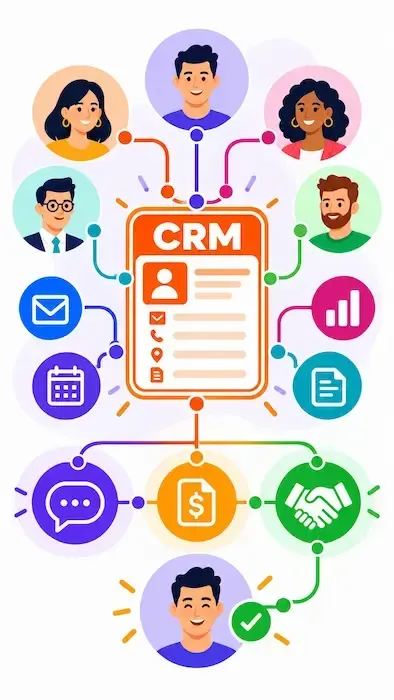 Illustration d’un CRM connecté pour centraliser les prospects, clients, opportunités, tâches et données commerciales d’une TPE ou PME.