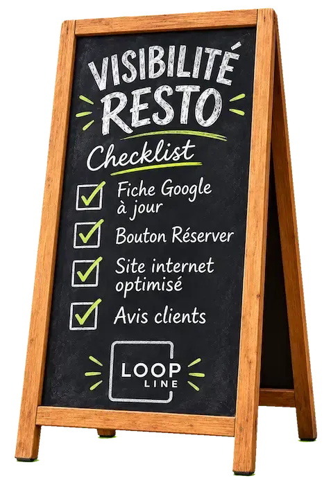 Ardoise de restaurant avec checklist de visibilité locale : fiche Google à jour, bouton Réserver, site internet optimisé, avis clients et logo Loopline dessiné à la craie.
