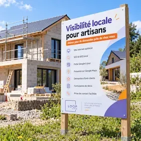 Panneau de visibilité locale pour artisan devant une maison en chantier en Bretagne, avec site internet, SEO local, fiche Google, Google Maps et avis clients.