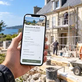 Formulaire de demande de devis sur smartphone devant un chantier de rénovation en Bretagne, pour faciliter les demandes clients d’un artisan.
