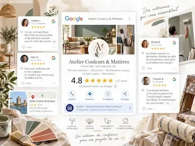 Illustration d’une fiche Google de restaurant avec une note de 4,8 étoiles et plusieurs avis clients positifs, illustrant l’impact des avis Google sur la réputation et la visibilité locale.