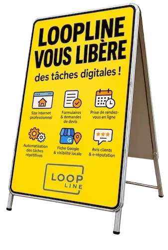Ardoise de restaurant avec checklist de visibilité locale : fiche Google à jour, bouton Réserver, site internet optimisé, avis clients et logo Loopline dessiné à la craie.