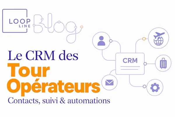 CRM Loopline pour les Tour Opérateurs : illustration reliant contacts, voyages, emails et automations.