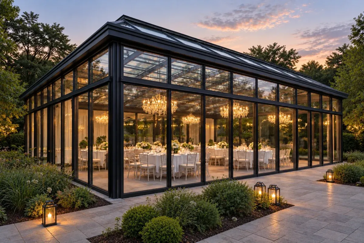 Modern banquet conservatory at dusk — architectural visualization