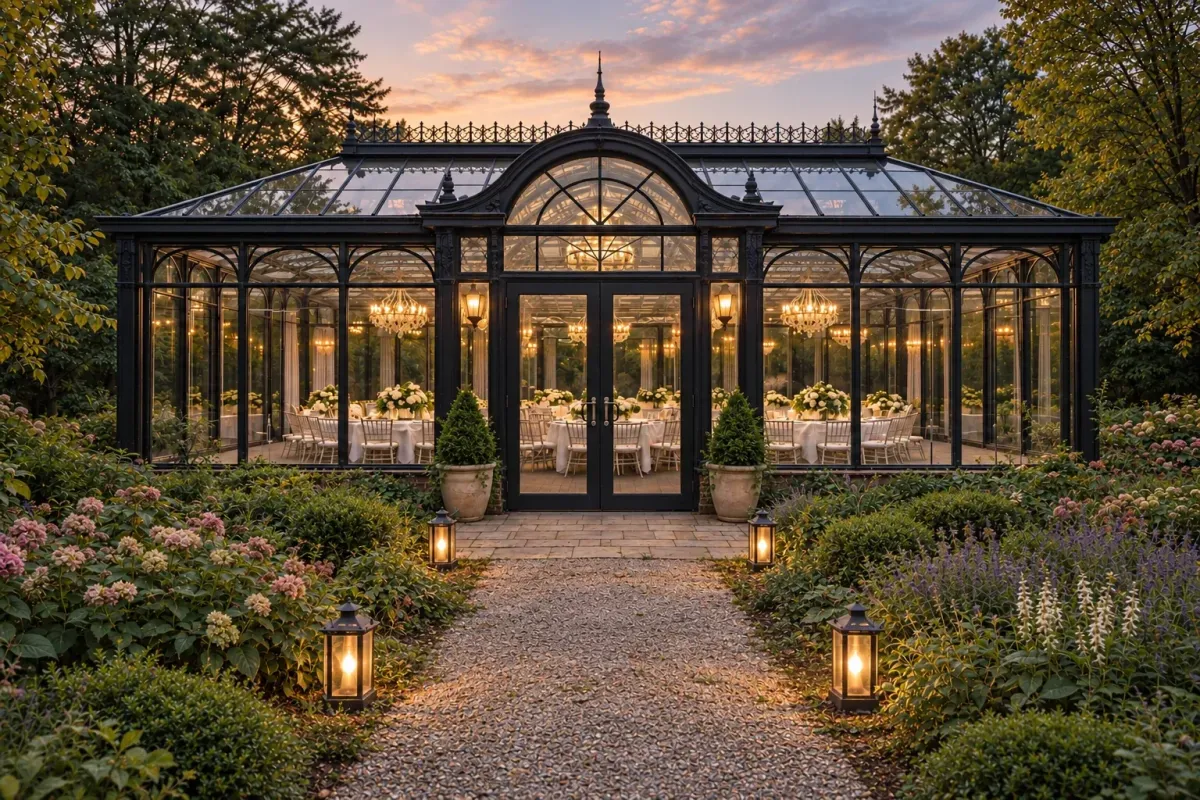 Black Victorian conservatory at twilight — architectural visualization
