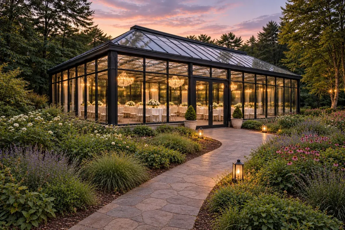 Garden path to a twilight conservatory — architectural visualization