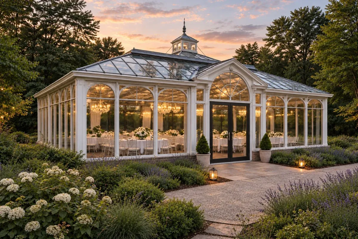 White conservatory at sunset — architectural visualization