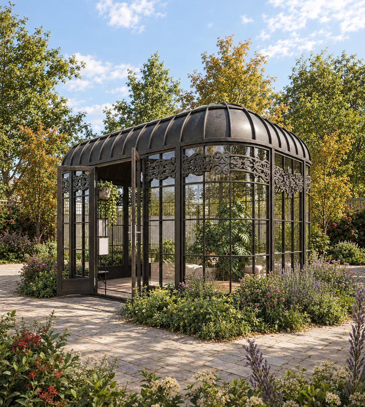 Dark curved-roof conservatory — architectural visualization