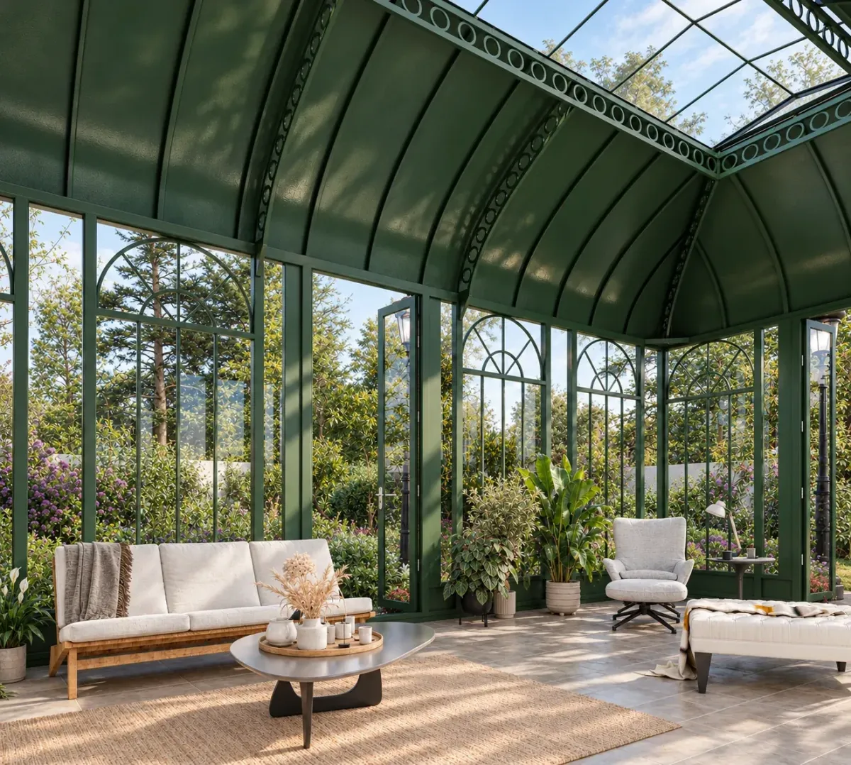 Green curved-roof sitting room — architectural visualization