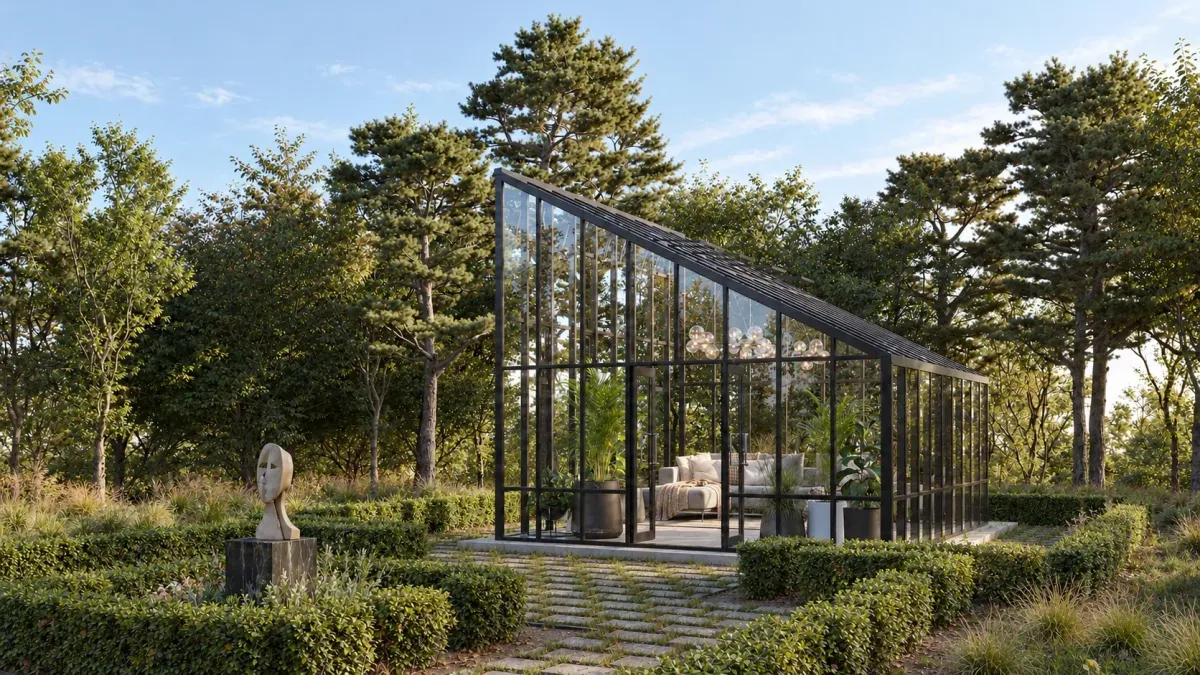 Modern sloping-roof garden room — architectural visualization