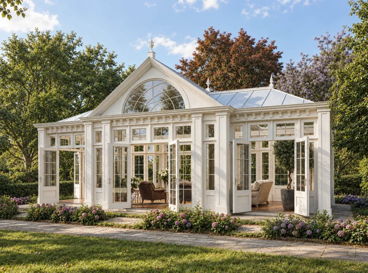 White conservatory, angled elevation — architectural visualization