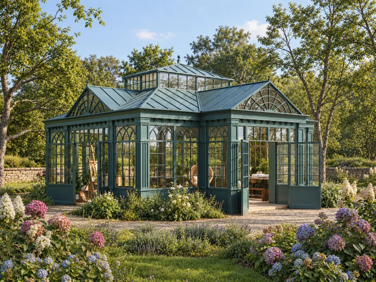Green lantern-roof garden studio — architectural visualization