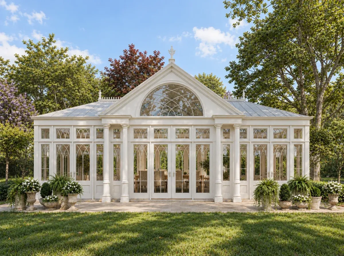 White conservatory, front elevation — architectural visualization