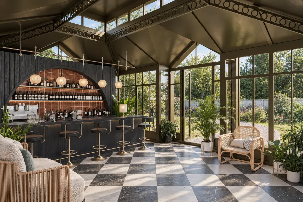 Conservatory bar, wide view — architectural visualization