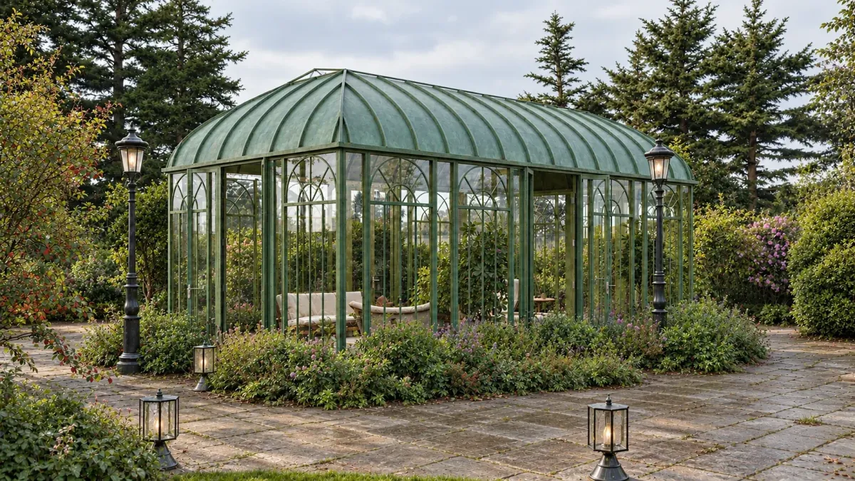 Green conservatory in subdued daylight — architectural visualization