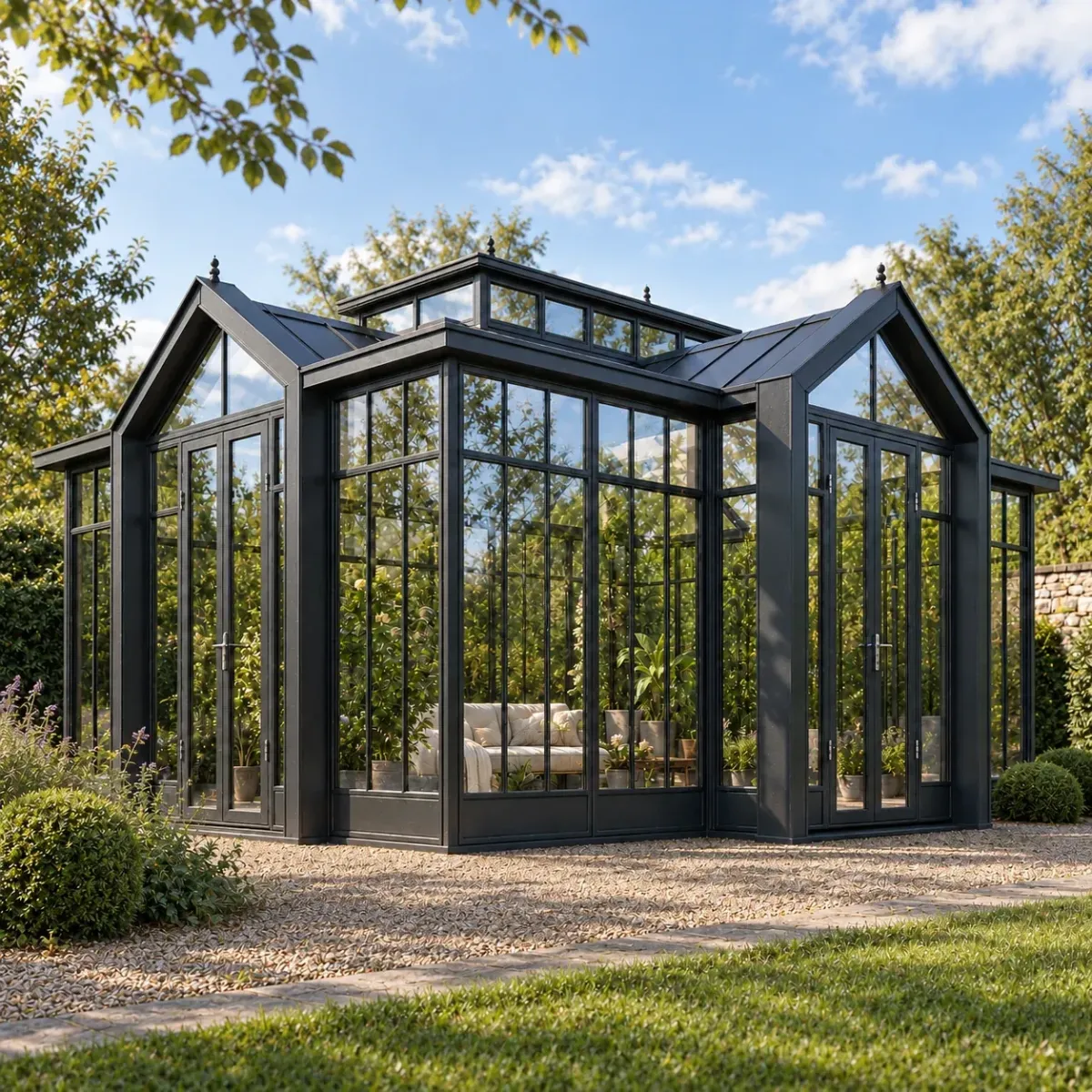 Dark modern lantern-roof conservatory — architectural visualization