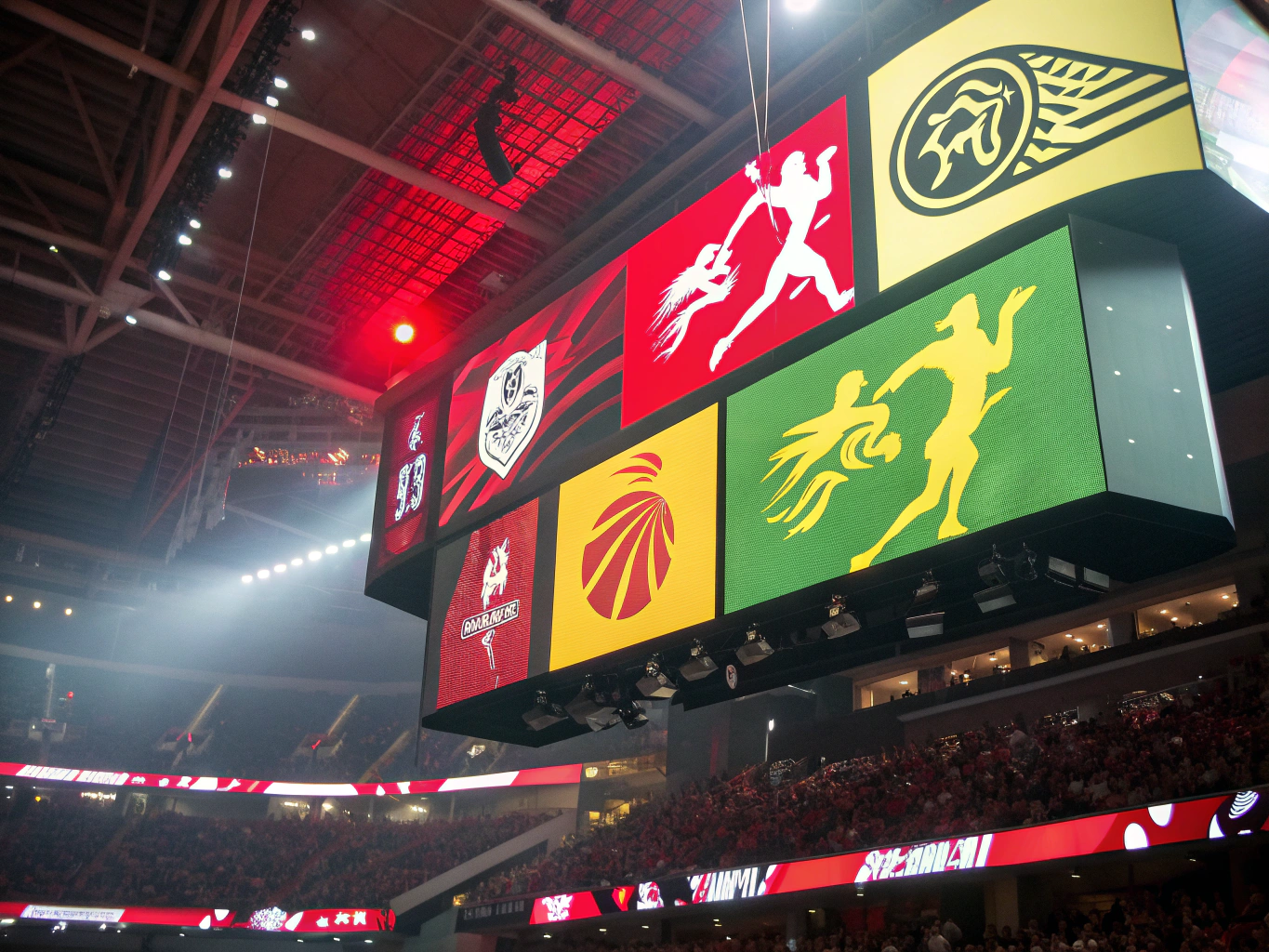 LED-vägg ovanför läktare i arena med publik