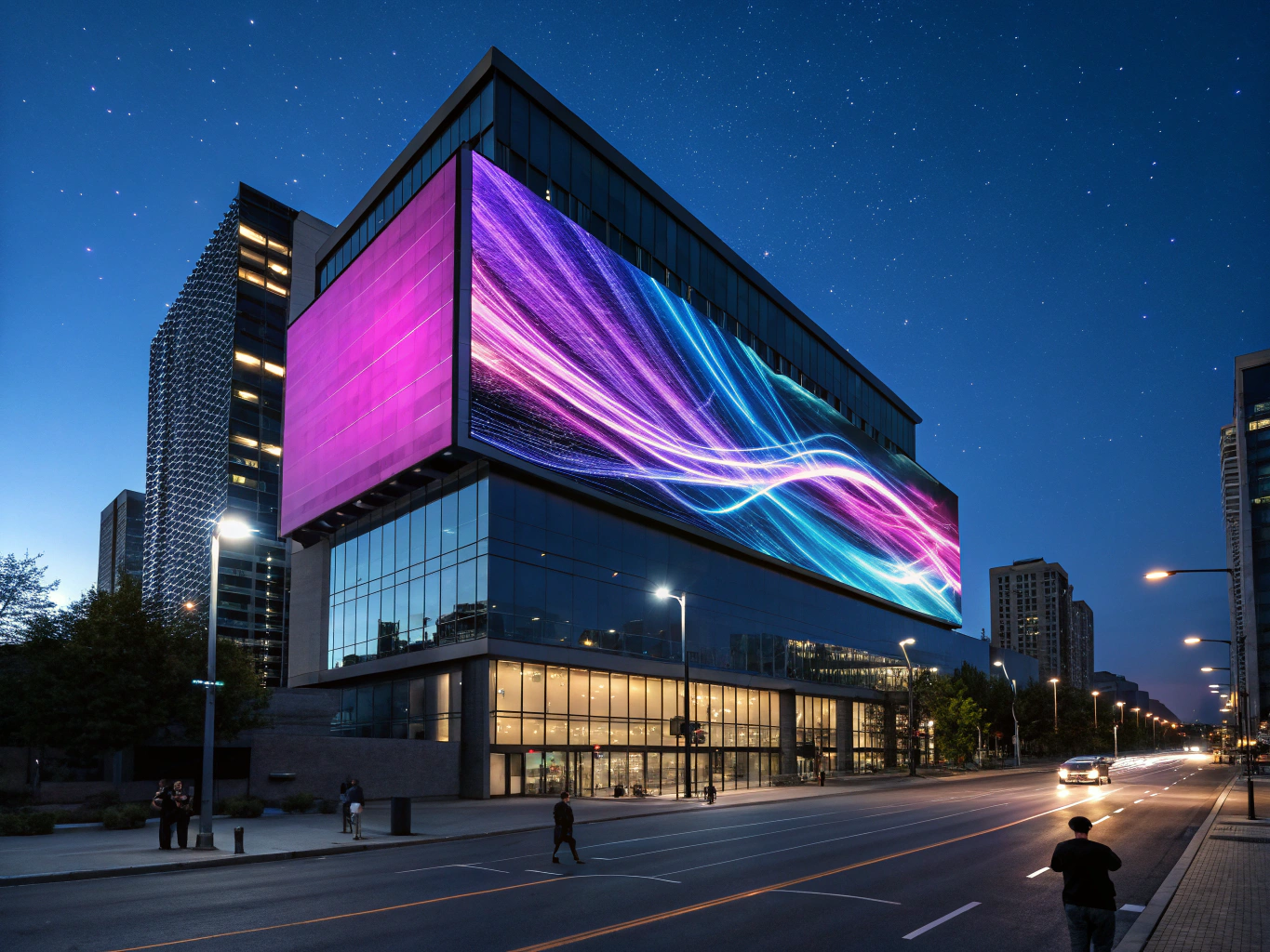 Stor fasadmonterad LED-skärm på kontorsbyggnad i stadsmiljö