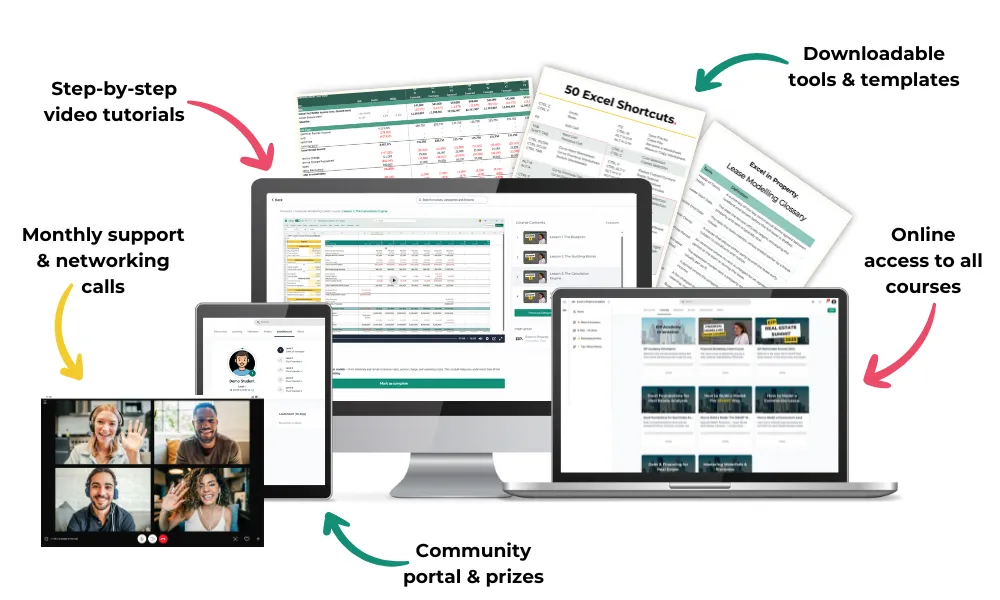 Full access to all online financial modelling real estate training courses  Live "Get Unstuck" sessions to solve your modelling challenges  Monthly networking calls to connect with industry professionals  Exclusive templates & resources to streamline your workflow  Ongoing updates with new content and expert insights
