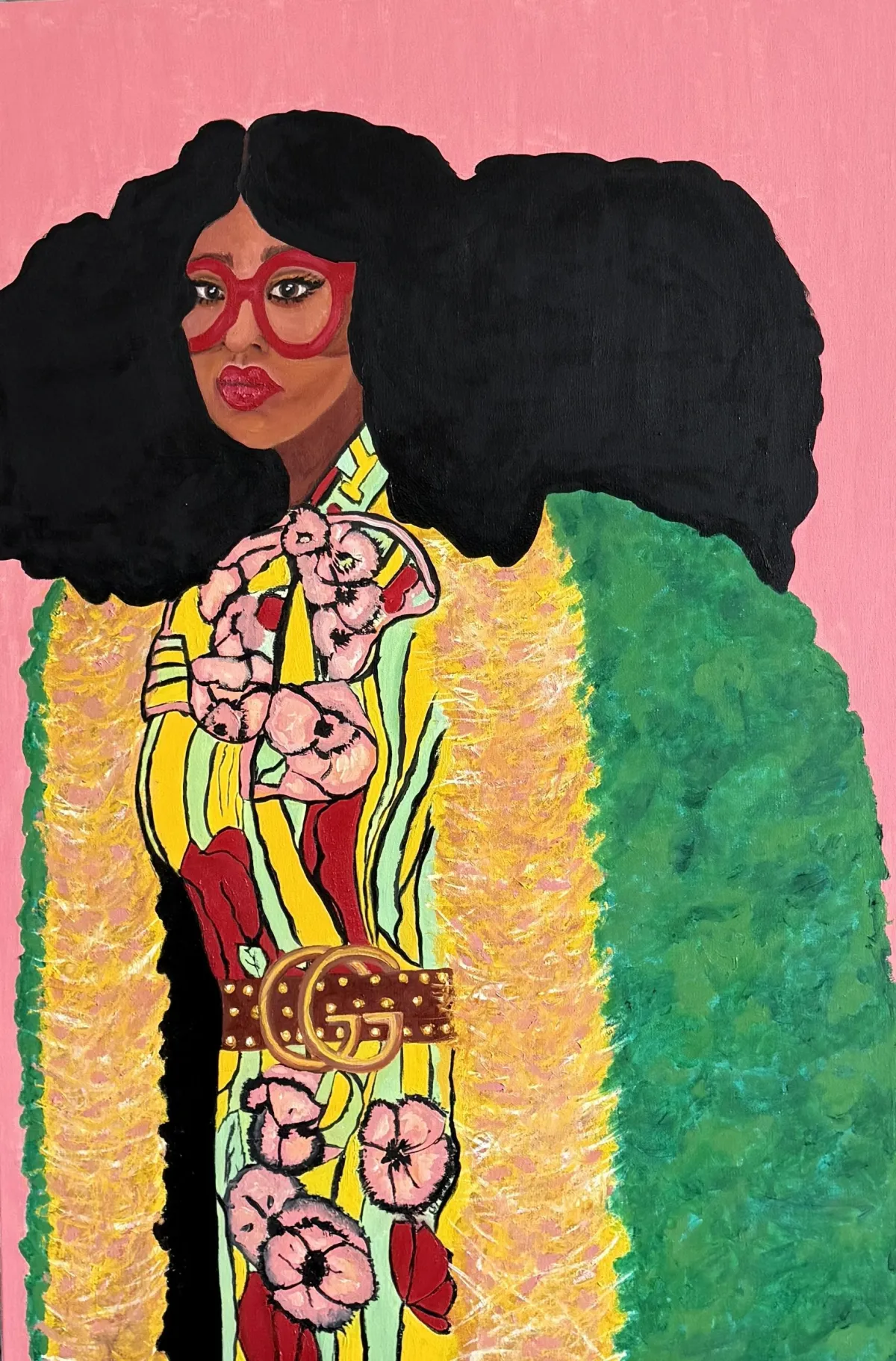 A dynamic, colorful portrait of Kameko Rae standing in front of a large, abstract mural. She is mid-laugh, wearing a bold patterned dress, with expressive brushstrokes in the background. The image radiates energy and creativity, capturing her artistic spirit in a bright, modern setting.