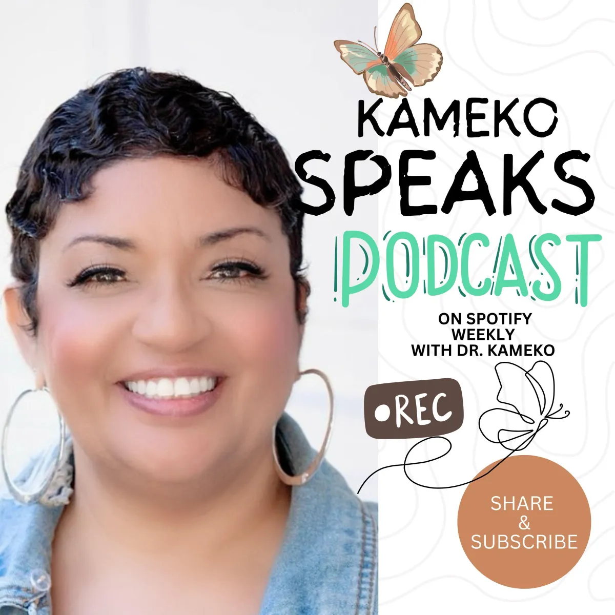 Kameko Rae recording a podcast in a cozy studio, wearing headphones and speaking into a microphone, surrounded by colorful sound panels and notes.