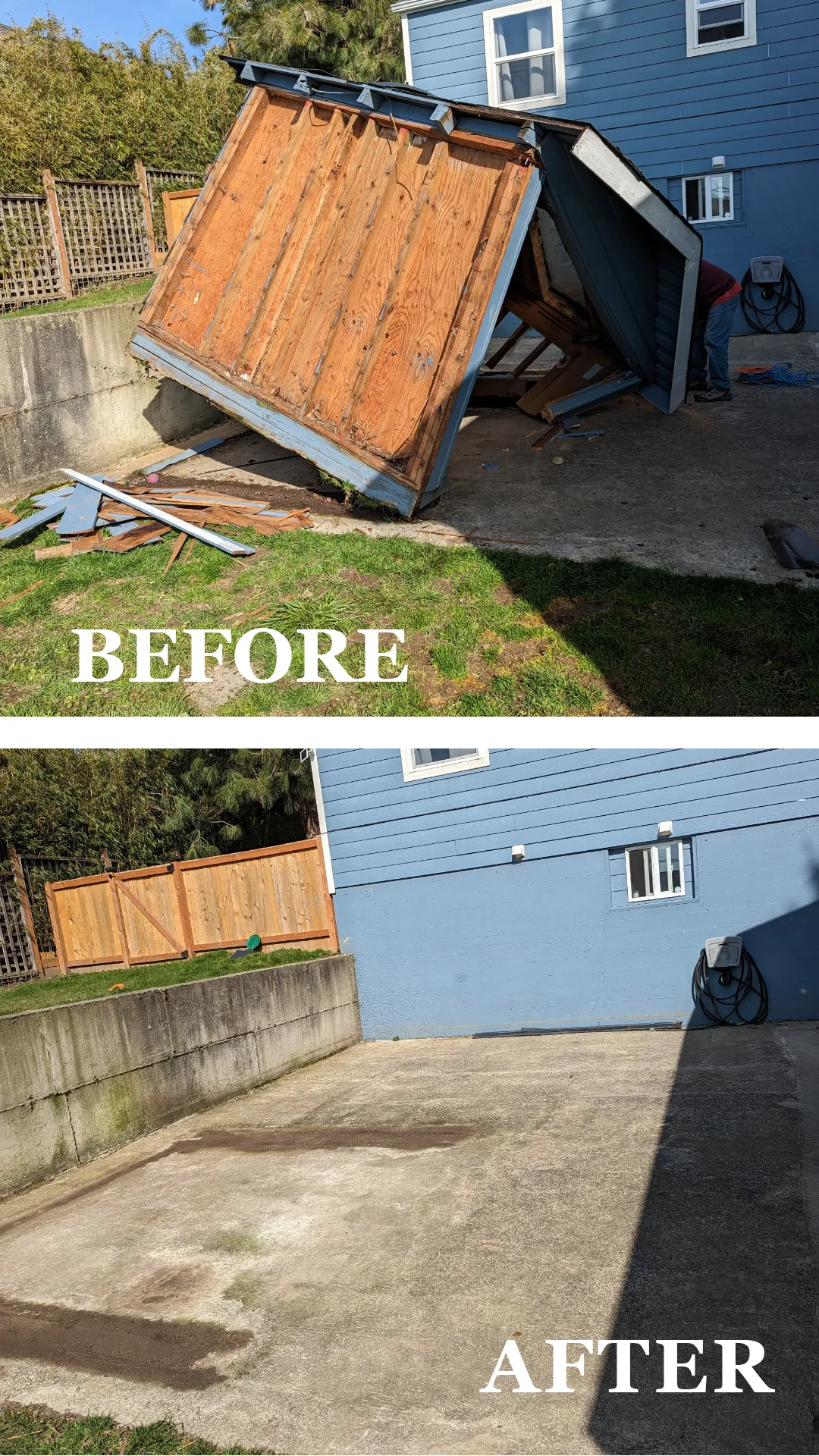 Before and After picture of MJM Haul Away removing and taking away a broken car port.