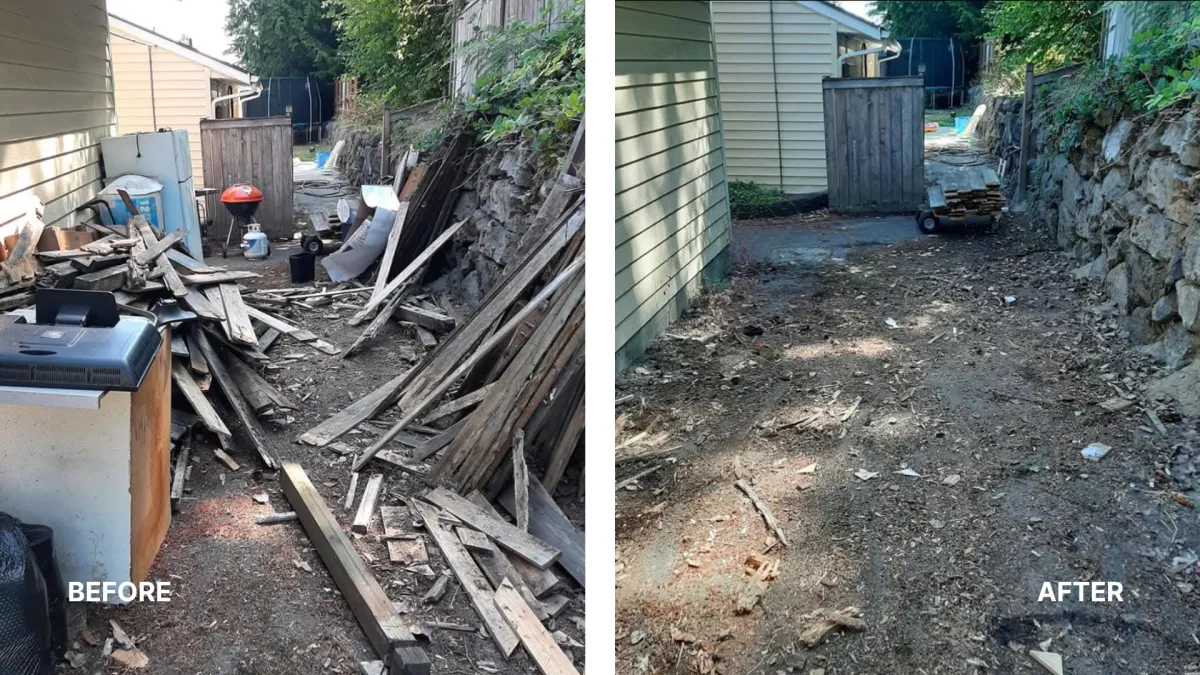 A before and after photo showing how MJM Haul Away & Services cleared off and left a patio spotless after a happy client utilized their Kitsap Junk Removal Services in Kitsap County, WA.