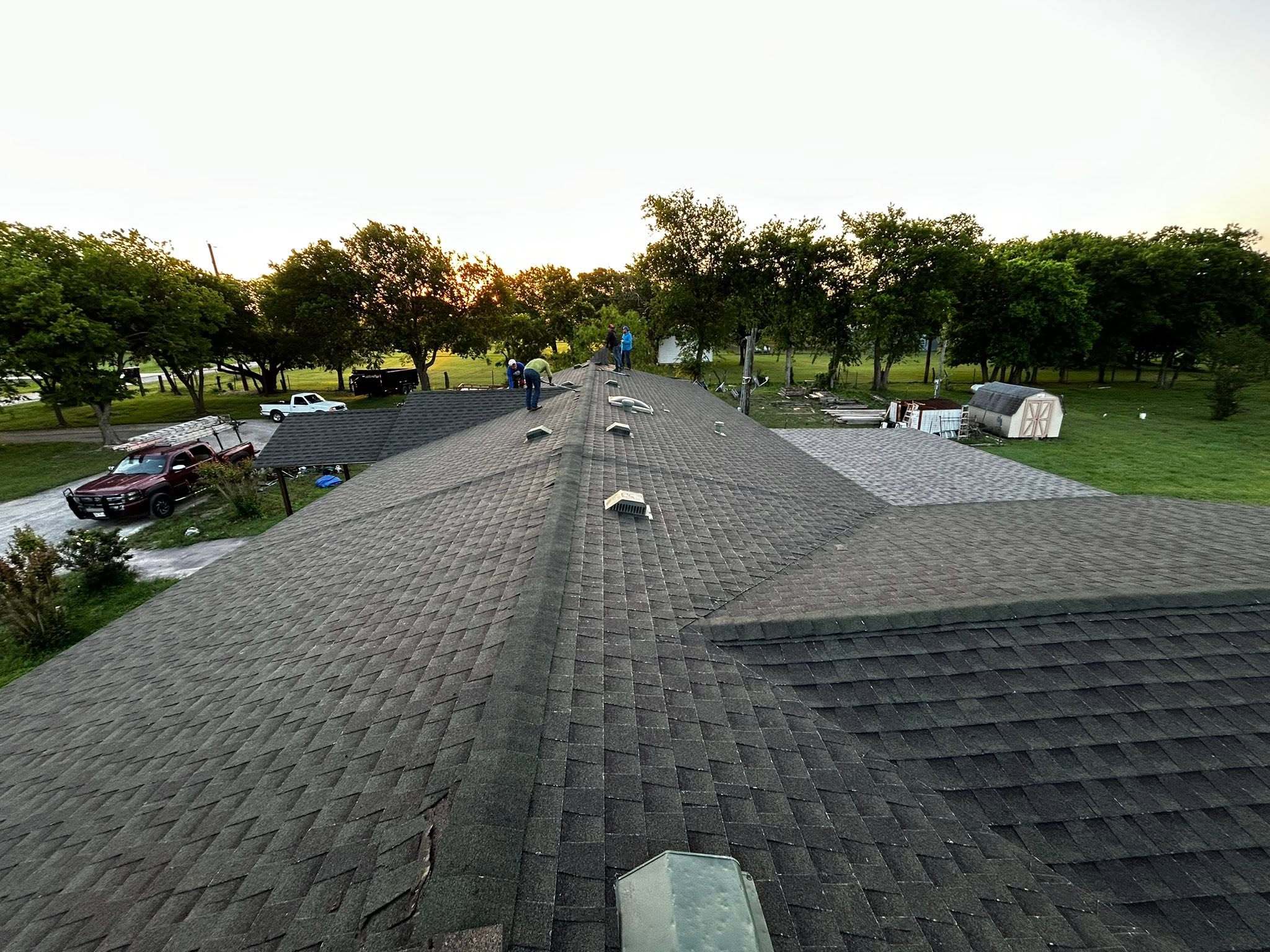 The roof of a building with a tree in the background