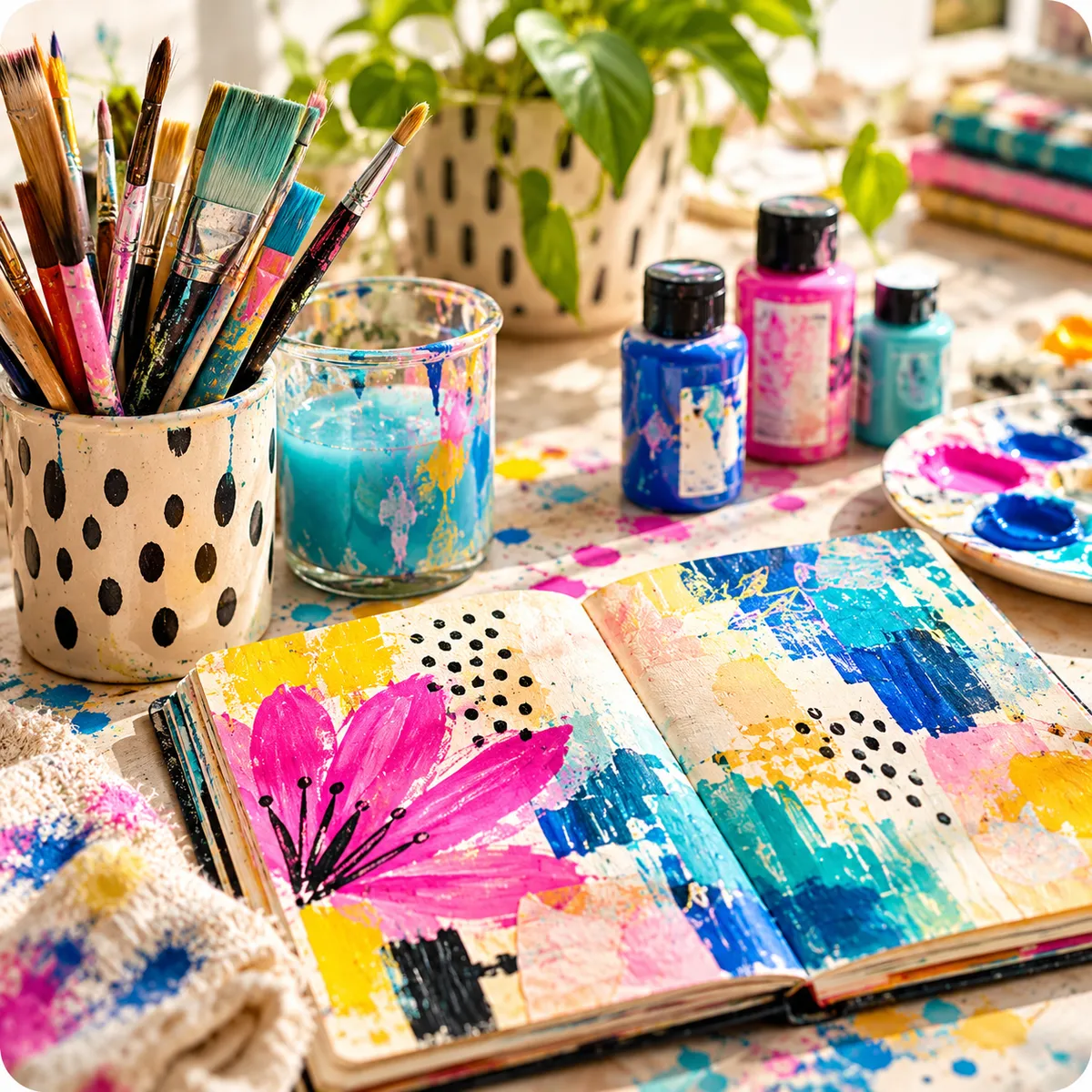 An artist's workspace with a ceramic mug holding various paint brushes, stacked colorful art journals, a small paint dish, and torn pieces of painted paper