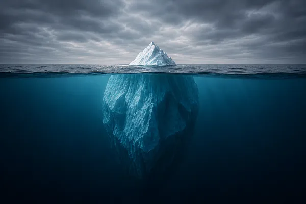 An iceberg in dark ocean water — the small visible tip above the surface and the massive hidden mass below.