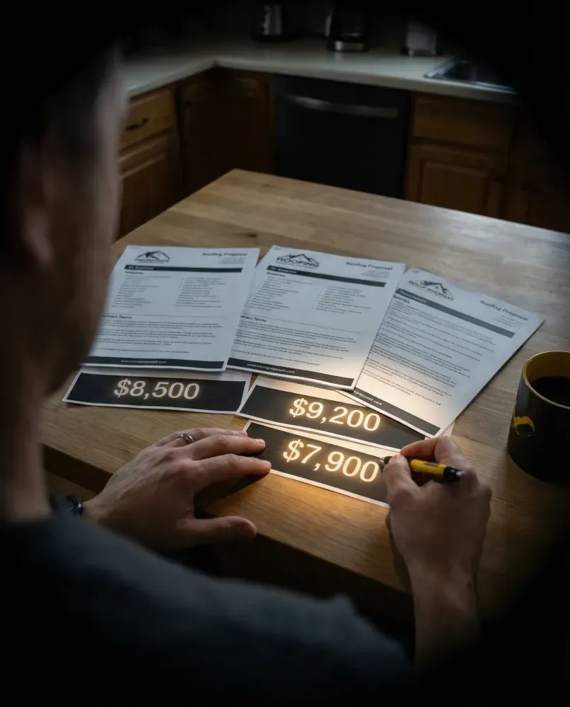 homeowner comparing roofing bids