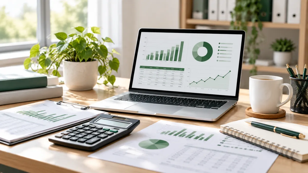 Small business bookkeeping workspace with financial reports, laptop, and calculator