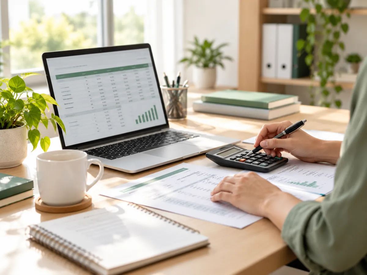 Small business payroll services workspace with payroll reports, calculator, and laptop